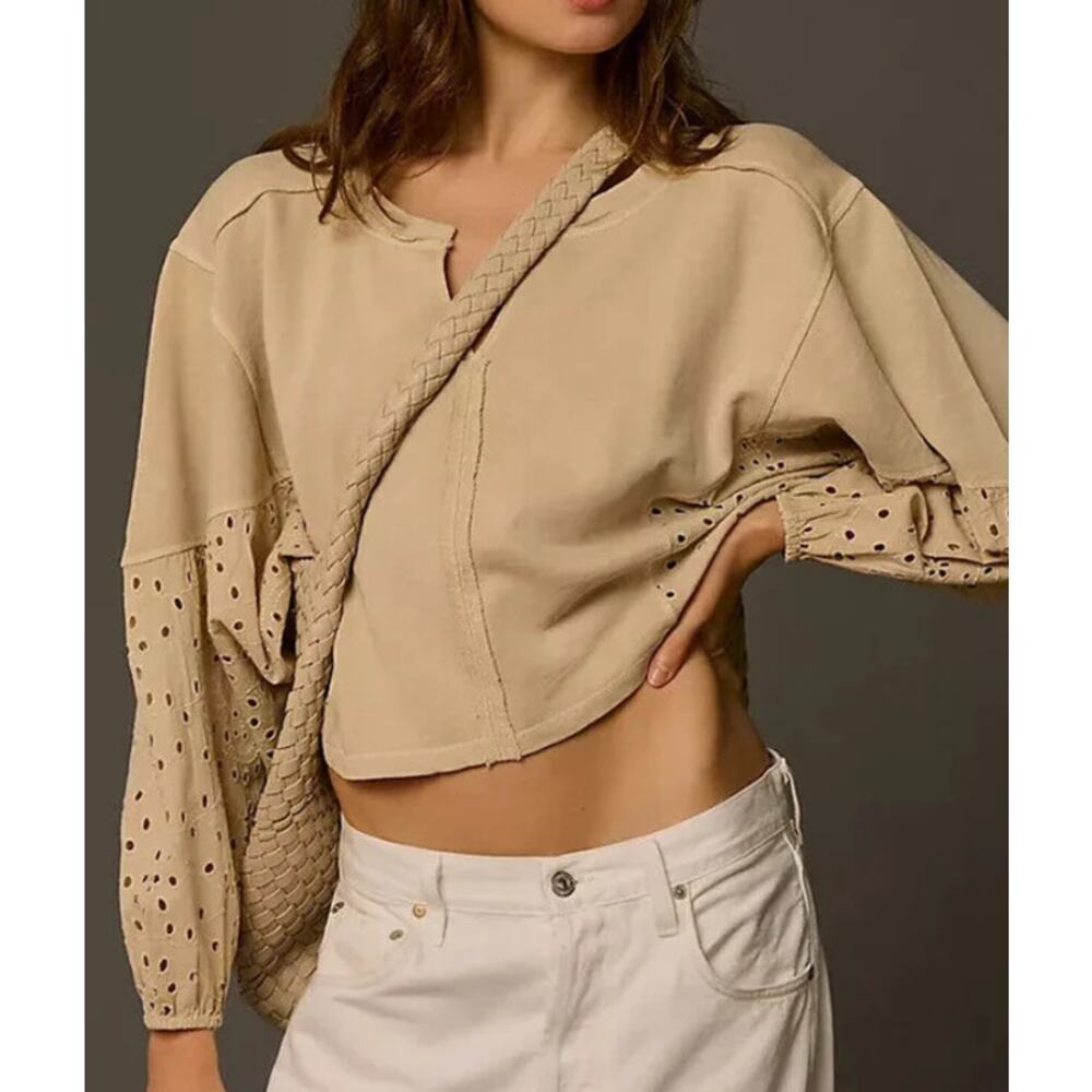 Anthropologie Pilcro Top Batwing Eyelet Pullover Oversized Boho Chic Earthy